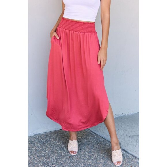 Doublju Comfort Princess Full Size High Waist Scoop Hem Maxi Skirt in Hot Pink - Picture 6 of 9
